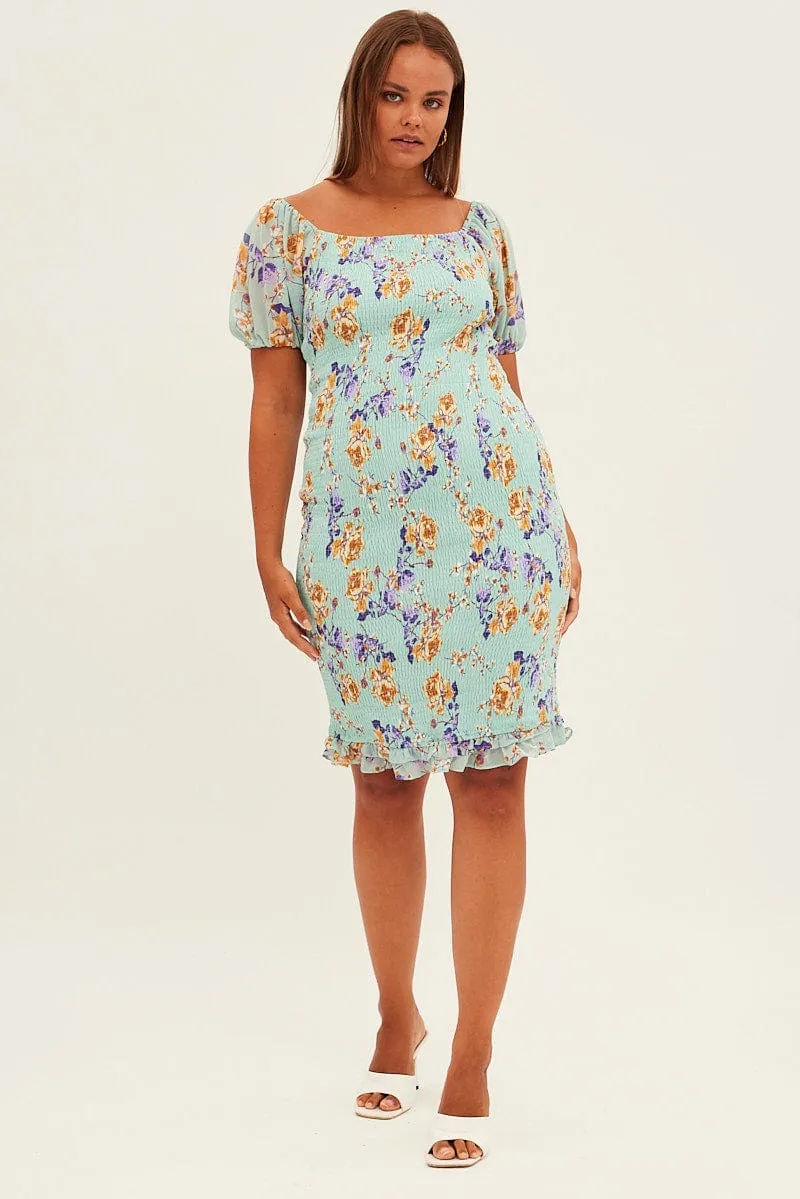 Easy Going Winter Classic Green Floral Bodycon Dress Short Sleeve Off Shoulder Shirred