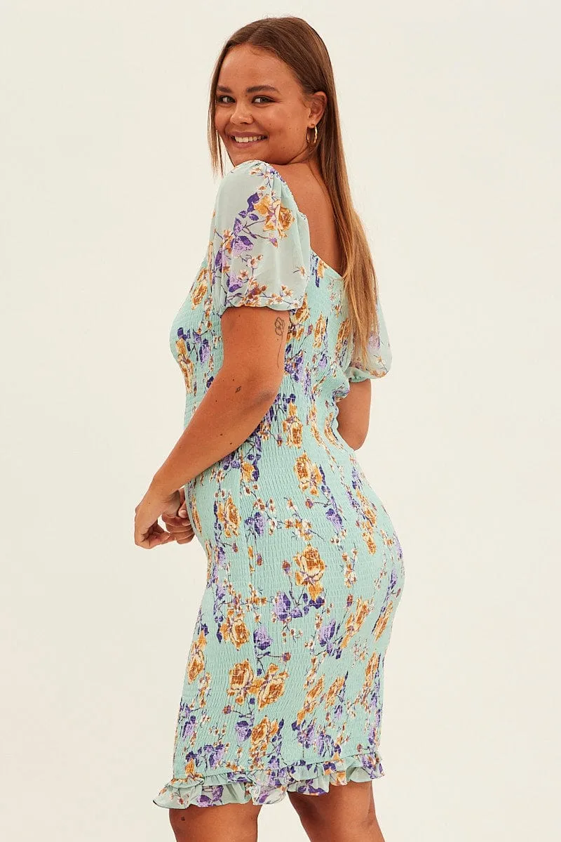 Green Floral Bodycon Dress Short Sleeve Off Shoulder Shirred Kind Light