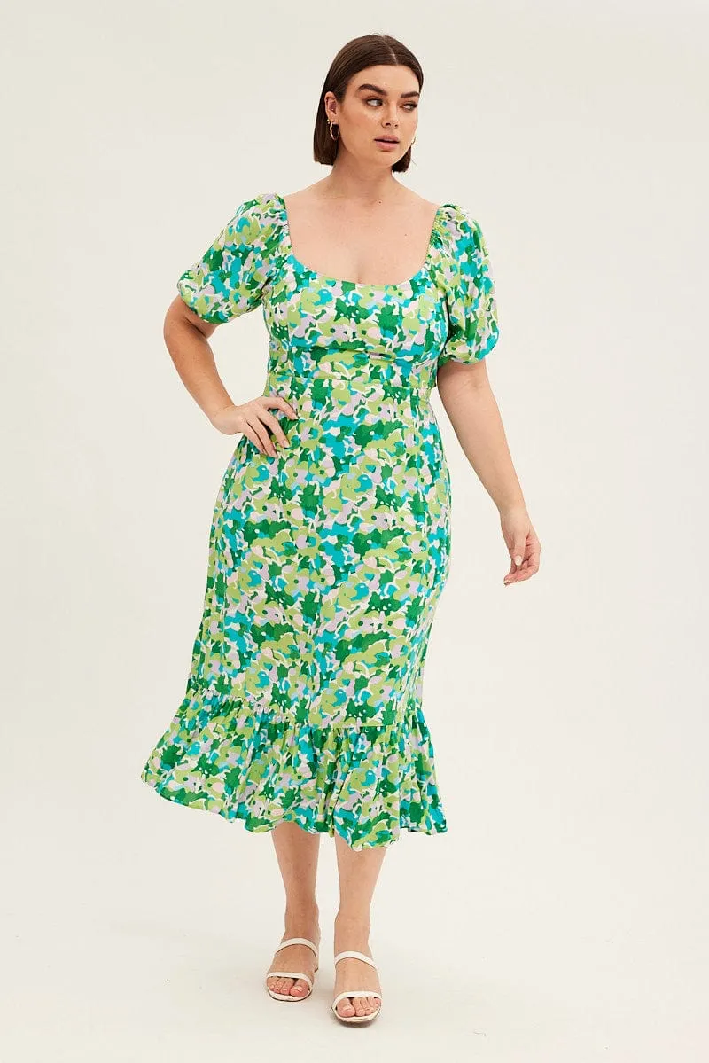 Green Floral Midi Dress Puff Sleeve Tie Front Rayon Daily Favorite