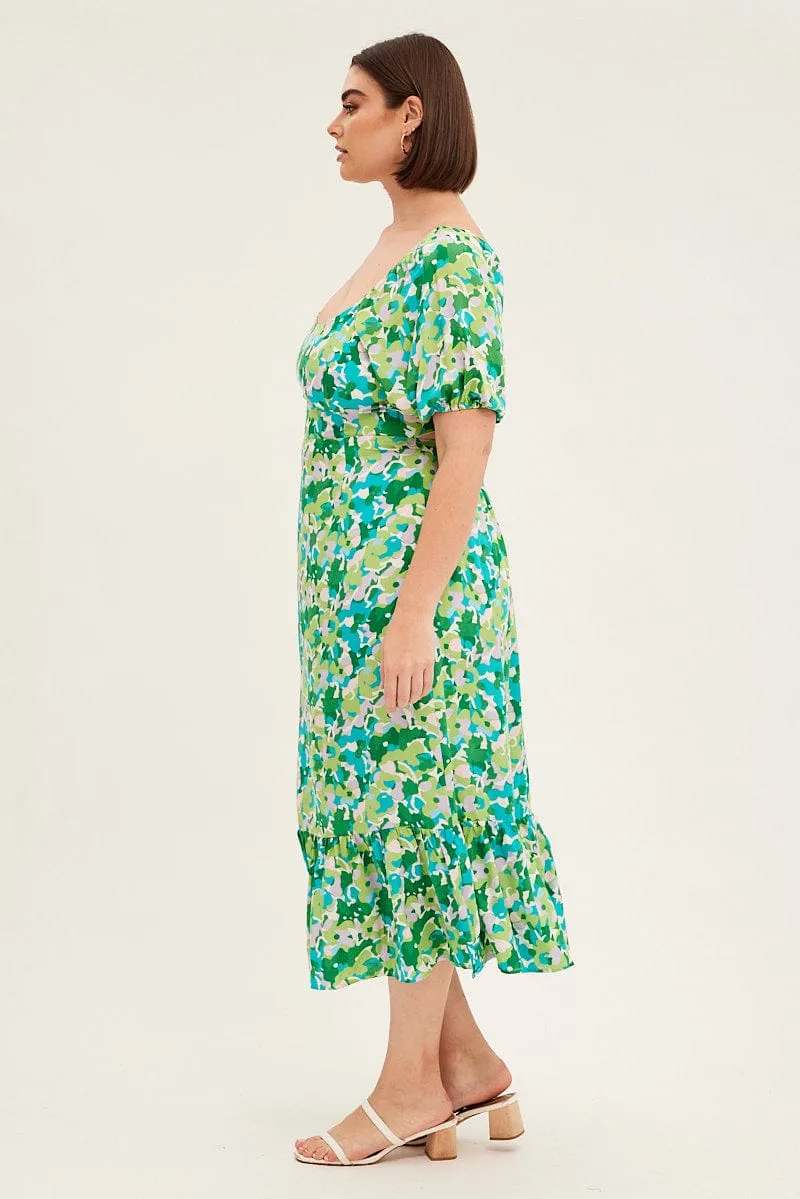 City Rhythm Green Floral Midi Dress Puff Sleeve Tie Front Rayon