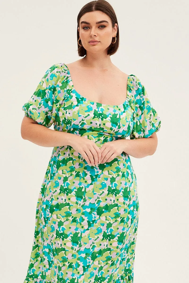 Modern Staple Green Floral Midi Dress Puff Sleeve Tie Front Rayon