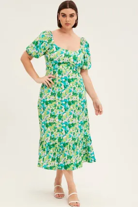 Green Floral Midi Dress Puff Sleeve Tie Front Rayon Trendy Piece Versatile Layer Wear