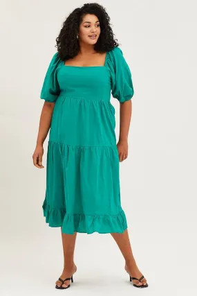 Green Maxi Dress Square Neck Short Sleeve Tie Abrasion-resistant
