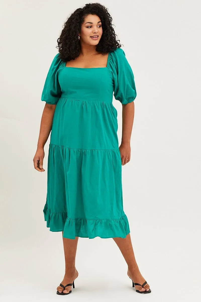 Green Maxi Dress Square Neck Short Sleeve Tie Abrasion-resistant