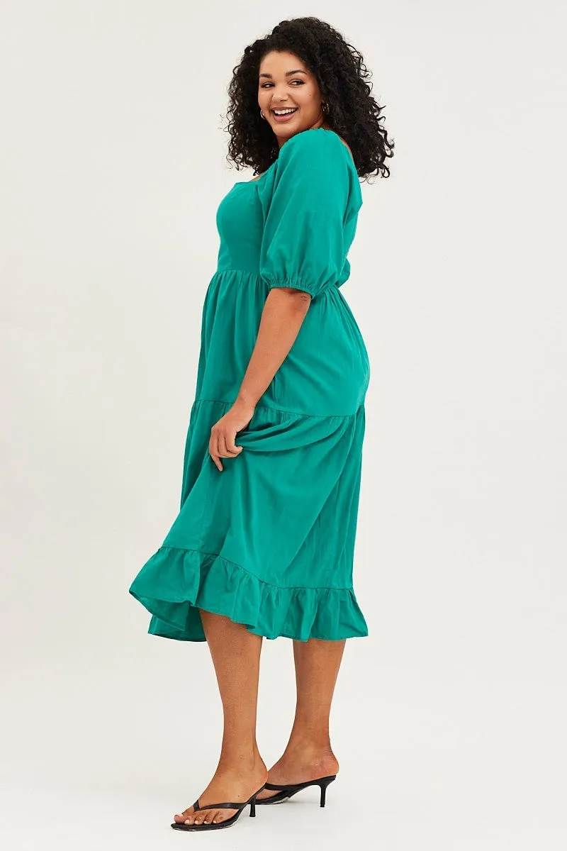 Green Maxi Dress Square Neck Short Sleeve Tie Glossy Detail