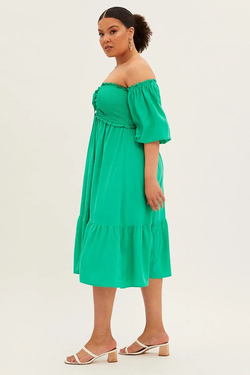 Green Midi Dress Off Shoulder Shirred Spring Flow