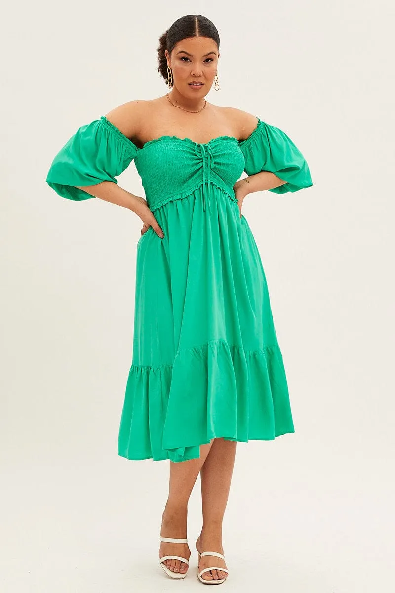 Flower Grace Office Mood Green Midi Dress Off Shoulder Shirred