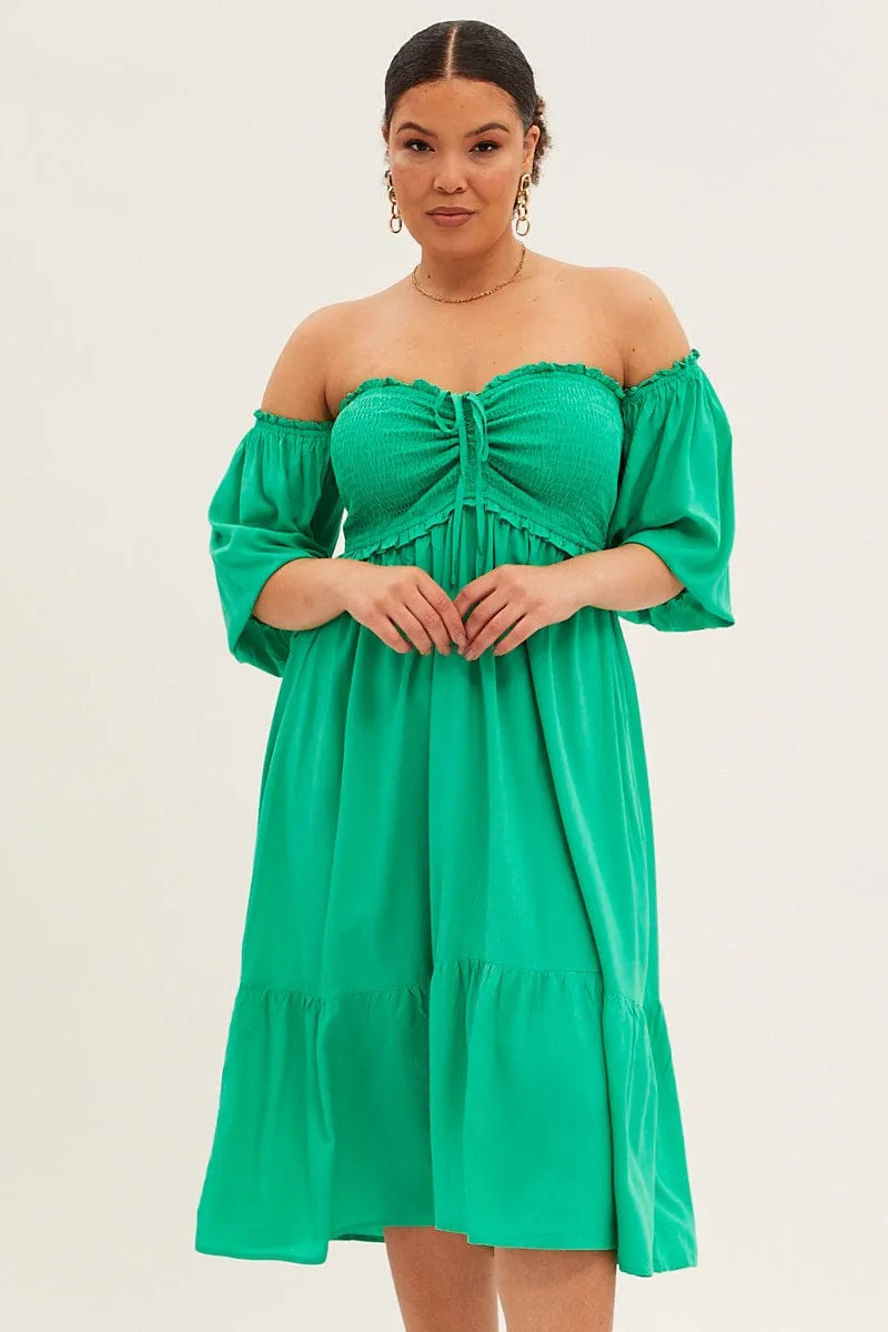Sleek Form Green Midi Dress Off Shoulder Shirred