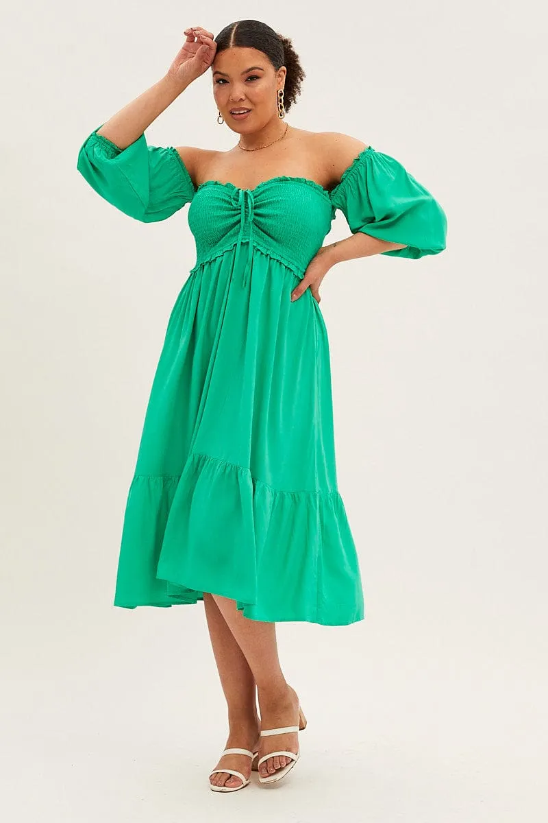 Lightweight Material Fashionable Wear Green Midi Dress Off Shoulder Shirred
