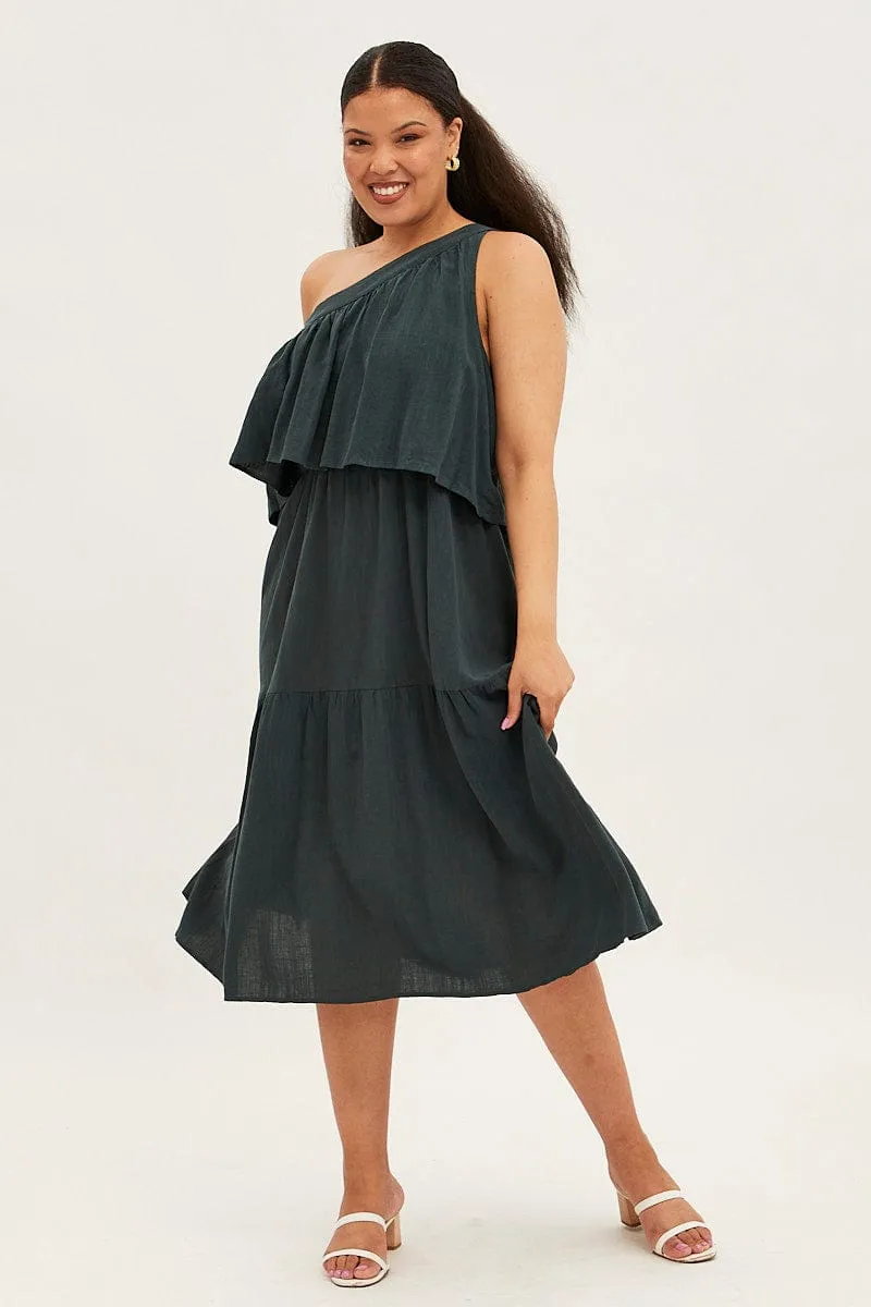 Green Midi Dress One Shoulder Frill Linen Blend Formal Look Comfortable Waist Design
