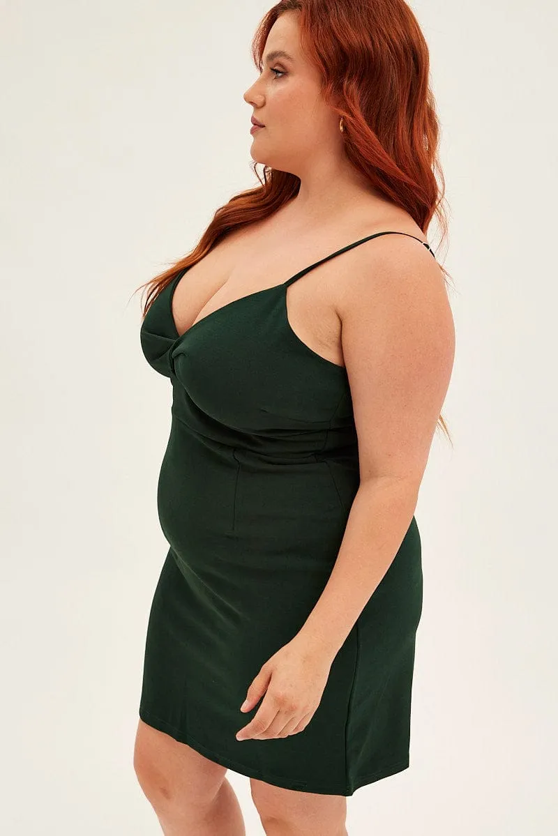 Smocked-Detail Versatile Touch Green Midi Dress Shoestring Strap Fitted Stretch Crepe