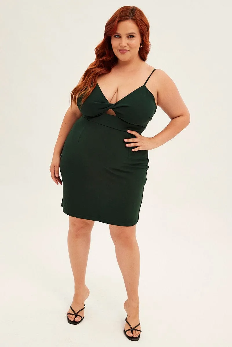 Sheer-Overlay Green Midi Dress Shoestring Strap Fitted Stretch Crepe