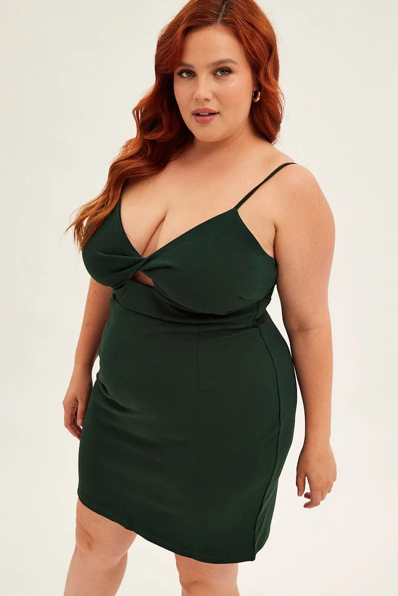 Stylish Waist Fit Green Midi Dress Shoestring Strap Fitted Stretch Crepe