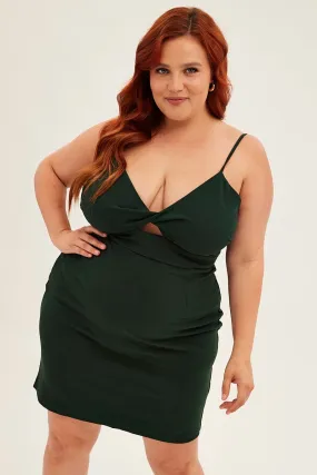 Green Midi Dress Shoestring Strap Fitted Stretch Crepe Sharp Fit