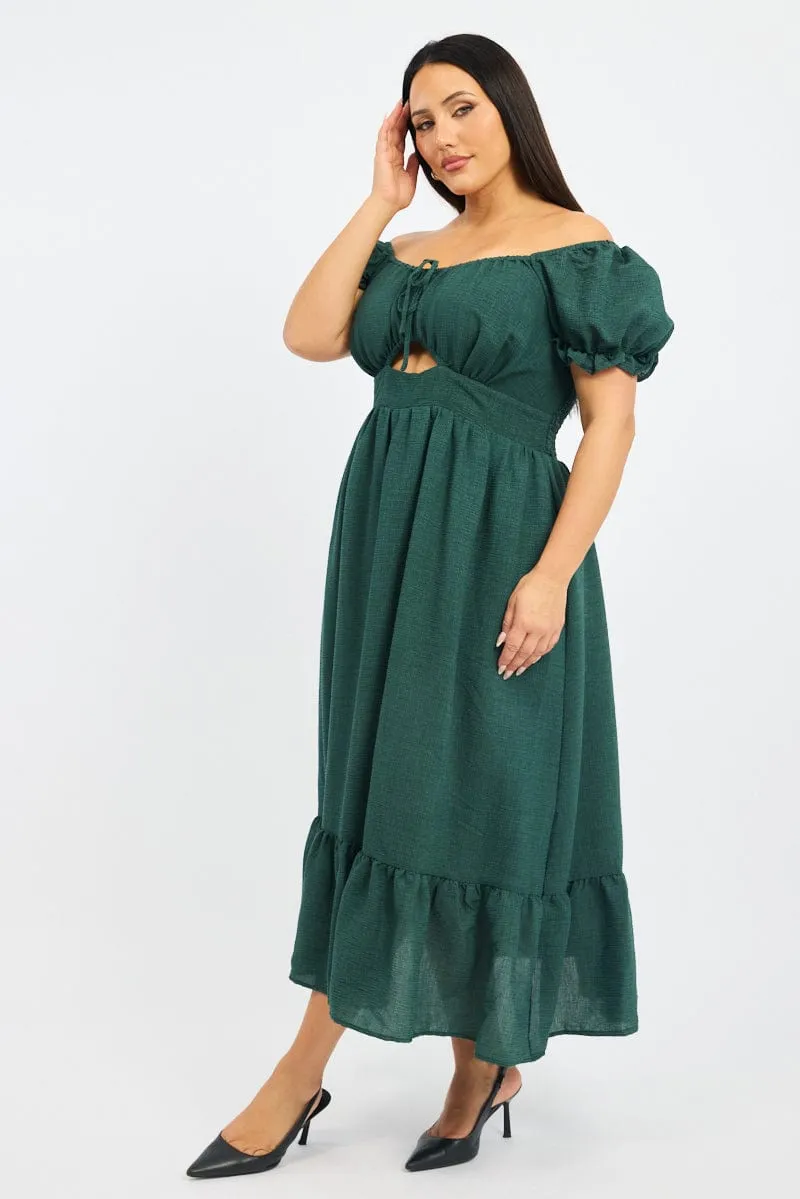 Green Midi Dress Short Sleeve Cut Out Tiered Knit Warm Cool Drape