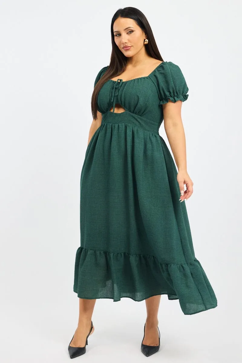 Embroidered Fabric Bare Arm Green Midi Dress Short Sleeve Cut Out Tiered