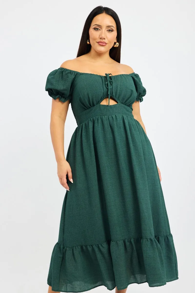 Green Midi Dress Short Sleeve Cut Out Tiered Calm Outfit Romantic Style