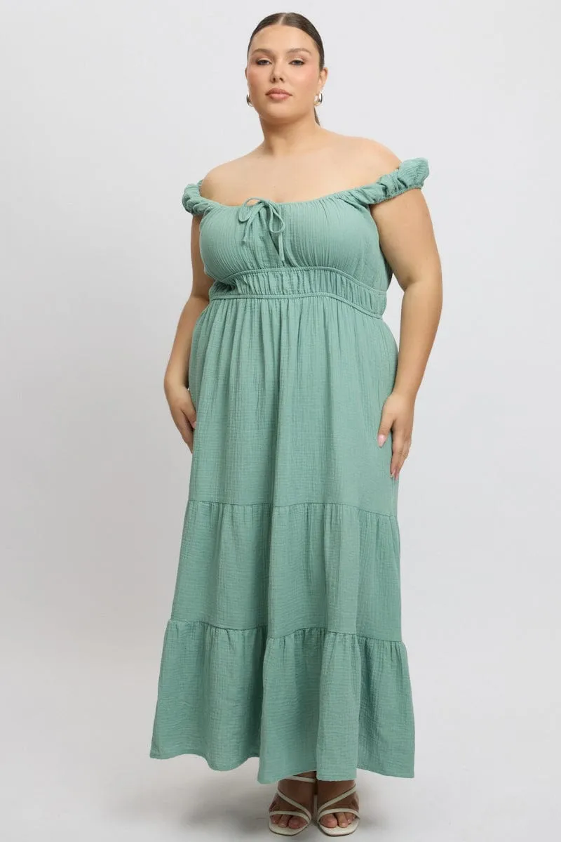 Layering Comfort Tasteful Detail Green Midi Dress Short Sleeve Ruched