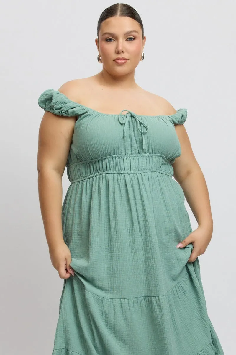 Fashion Layers Green Midi Dress Short Sleeve Ruched