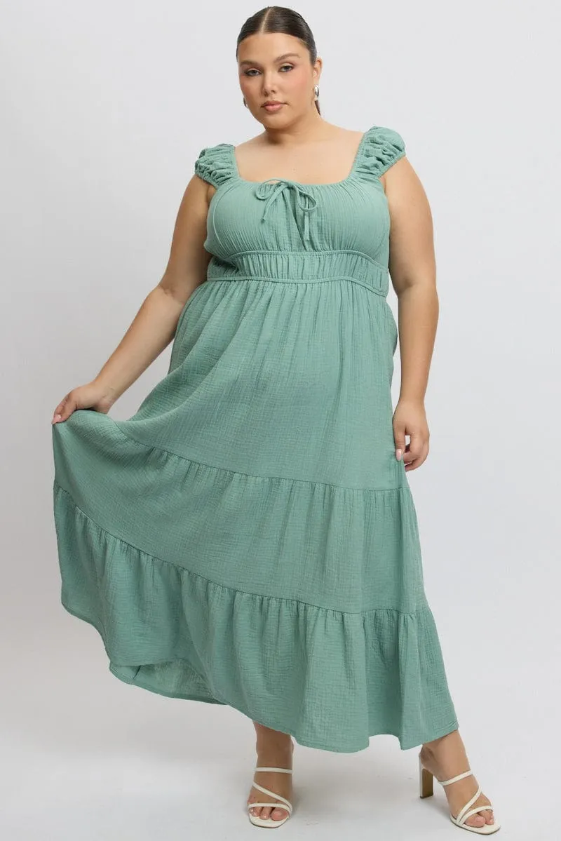 Green Midi Dress Short Sleeve Ruched Chilly Day Layers Daily Ready