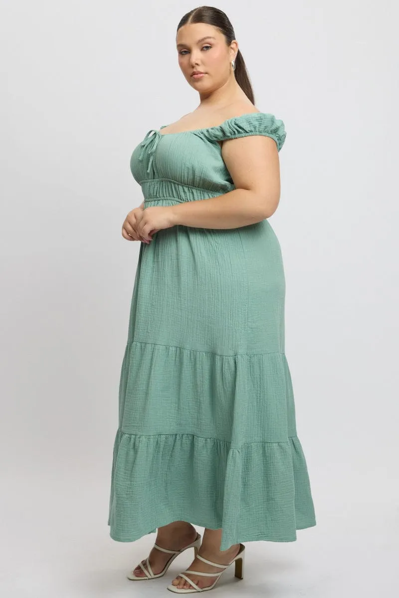 Feminine Structure ruffle trim Green Midi Dress Short Sleeve Ruched