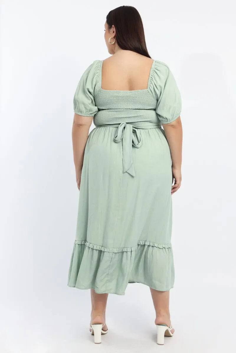 Recycled-Material Soft Volume Green Midi Dress Short Sleeve Shirred Bust