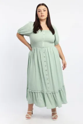 Body Fit Green Midi Dress Short Sleeve Shirred Bust