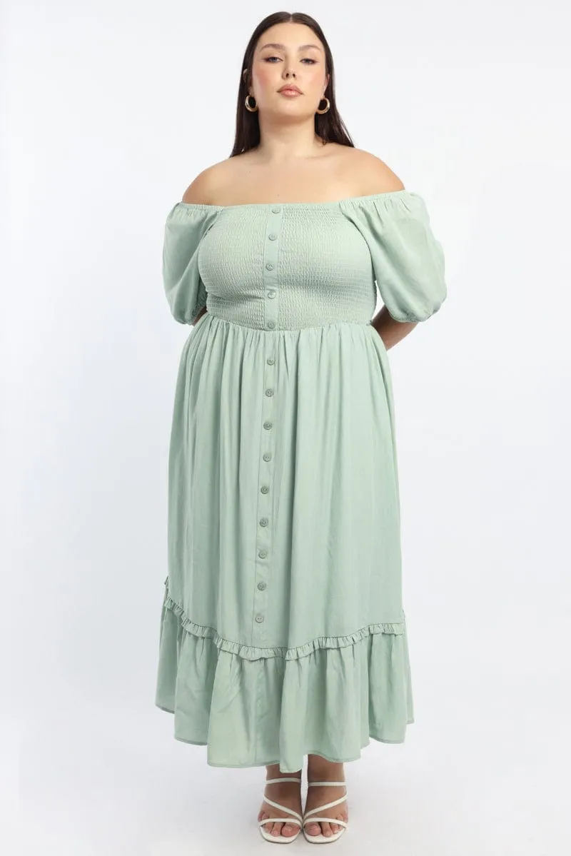 Mood Booster Elegant Layers Green Midi Dress Short Sleeve Shirred Bust
