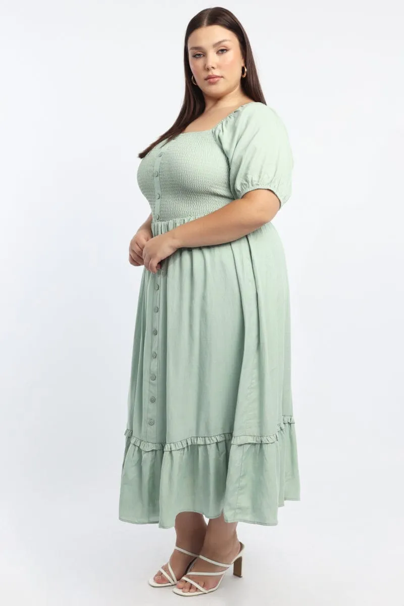 Effortless Look Green Midi Dress Short Sleeve Shirred Bust