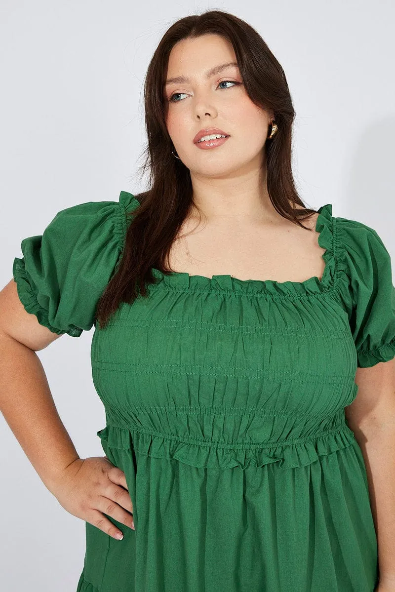 Vibrant fit Green Midi Dress Short Sleeve Shirred