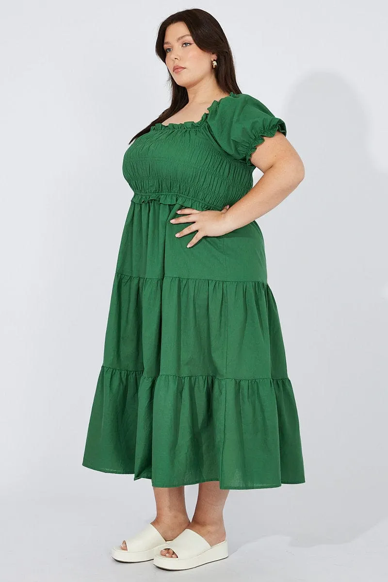 Green Midi Dress Short Sleeve Shirred Flowy-Shape Formal Style