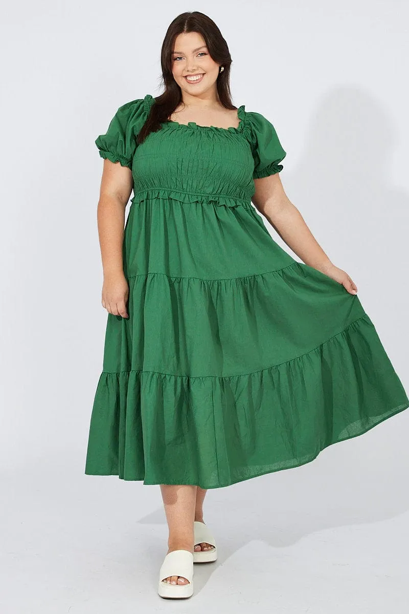 Green Midi Dress Short Sleeve Shirred Pure Color