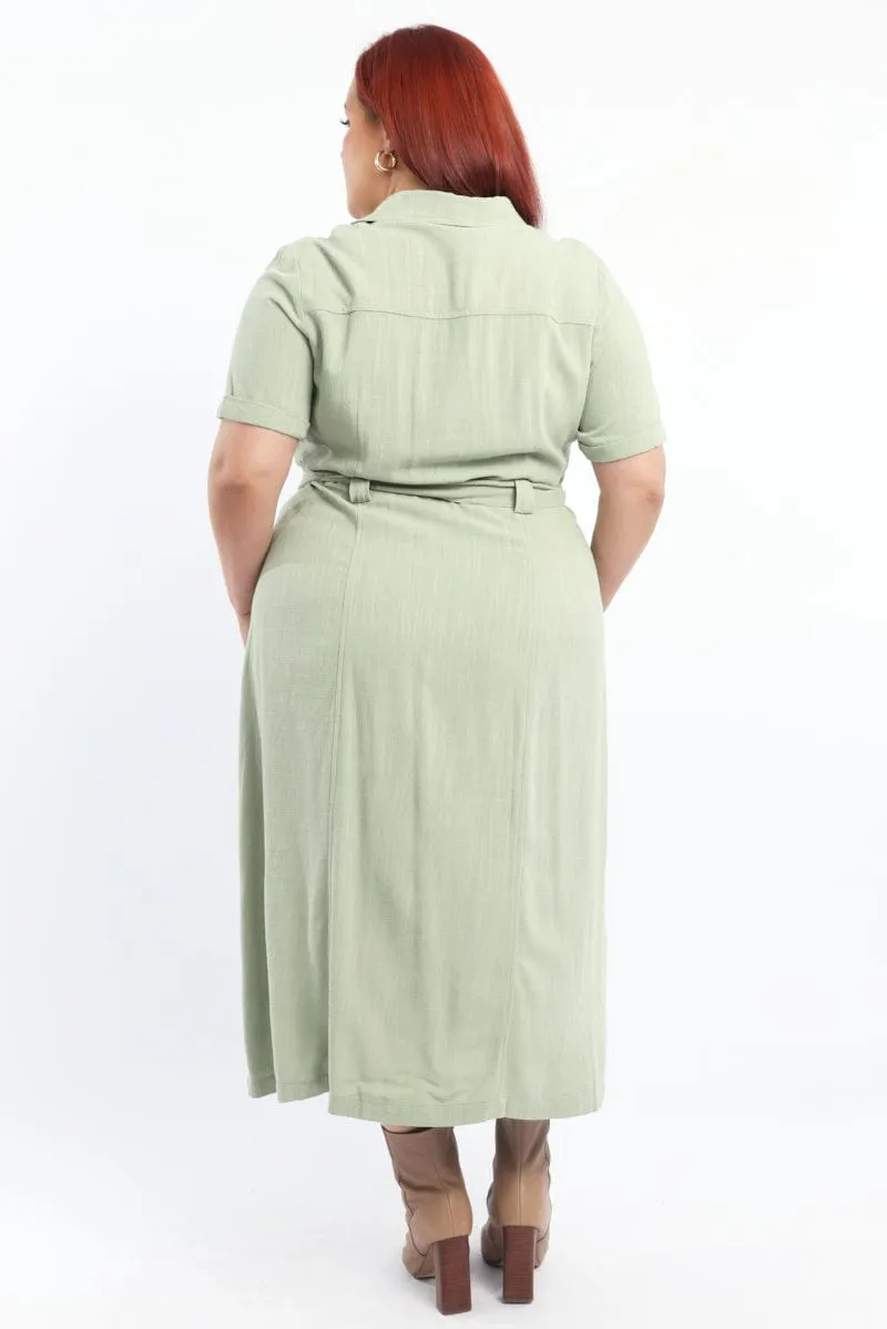 Minimalist feel Green Midi Dress Short Sleeve Shirt Waist Tie