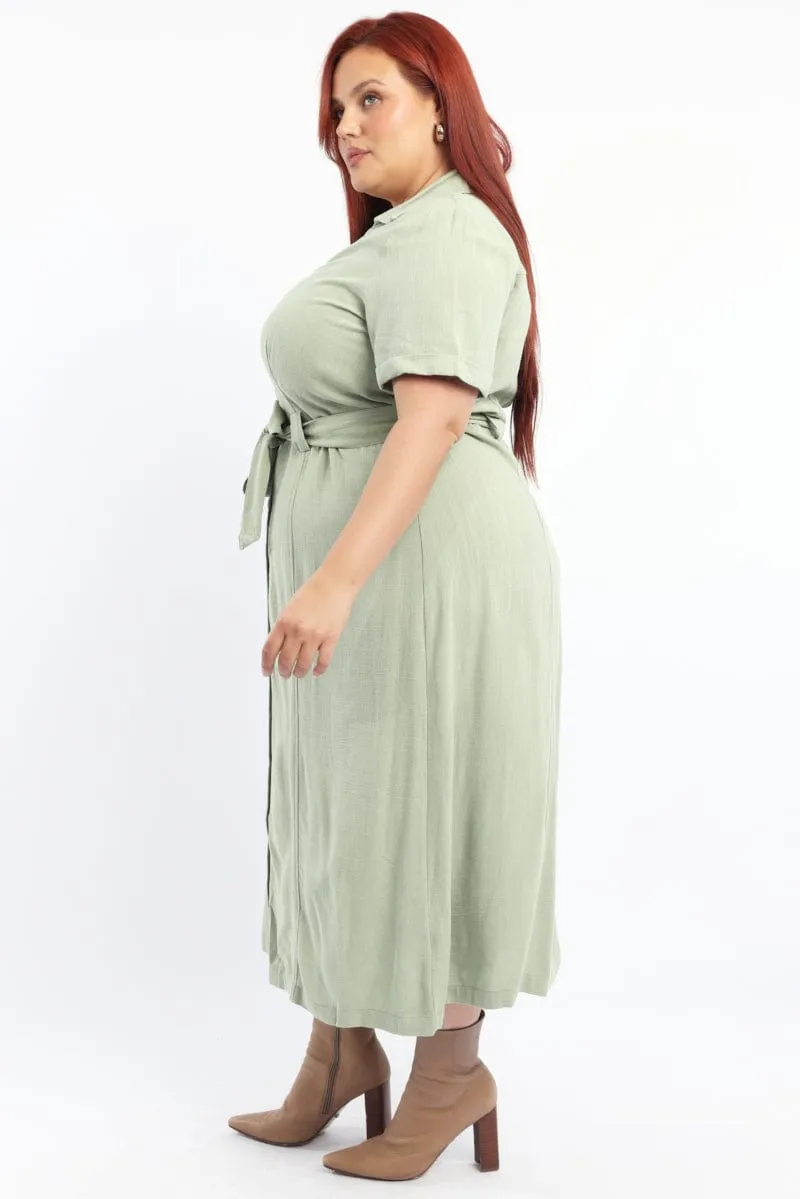 Green Midi Dress Short Sleeve Shirt Waist Tie Chic And Comfortable Subtle Finish