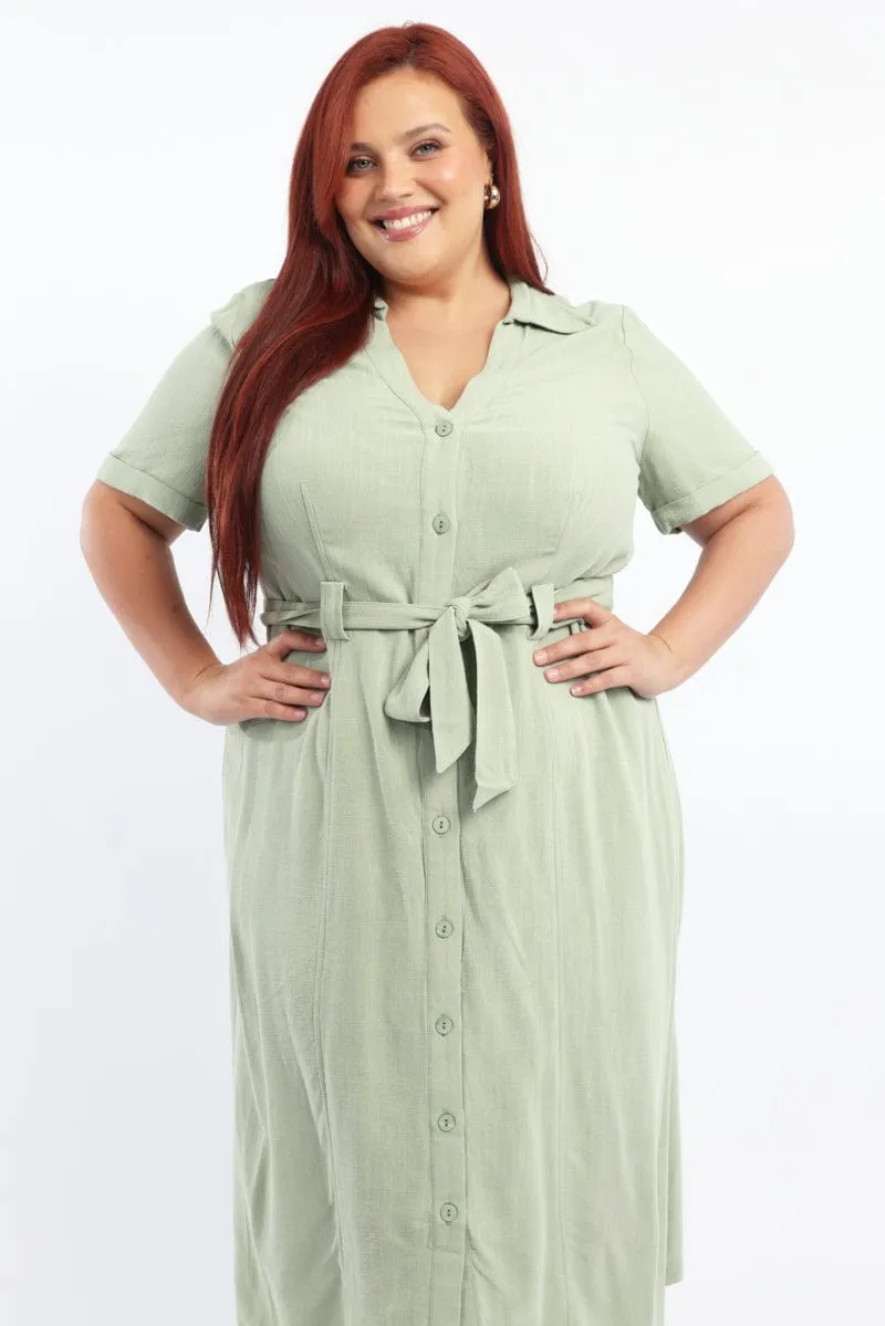 Green Midi Dress Short Sleeve Shirt Waist Tie Comfort waistband