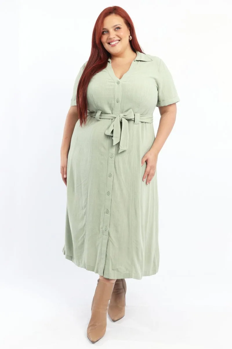 Pleated-Texture Versatile Comfort Green Midi Dress Short Sleeve Shirt Waist Tie