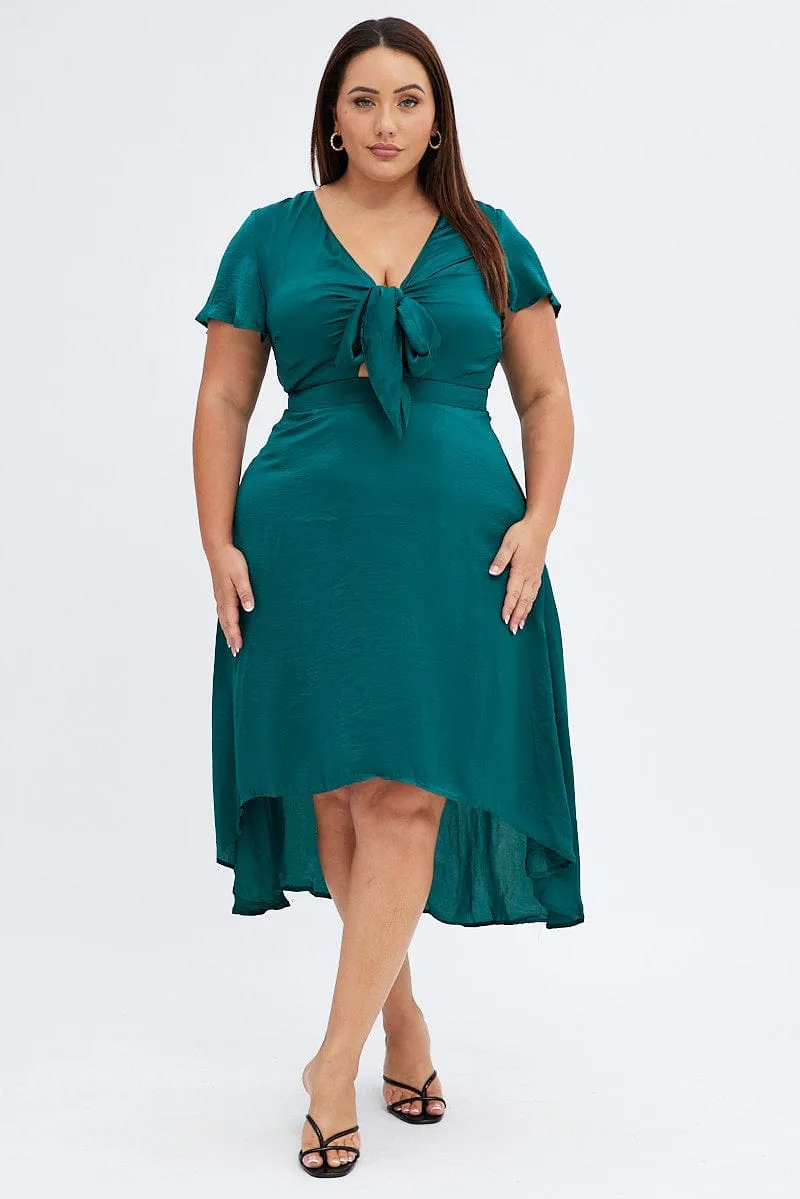 Chill Mode Green Midi Dress Short Sleeve Tie Back Satin