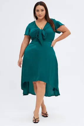 Green Midi Dress Short Sleeve Tie Back Satin Sleek Fit