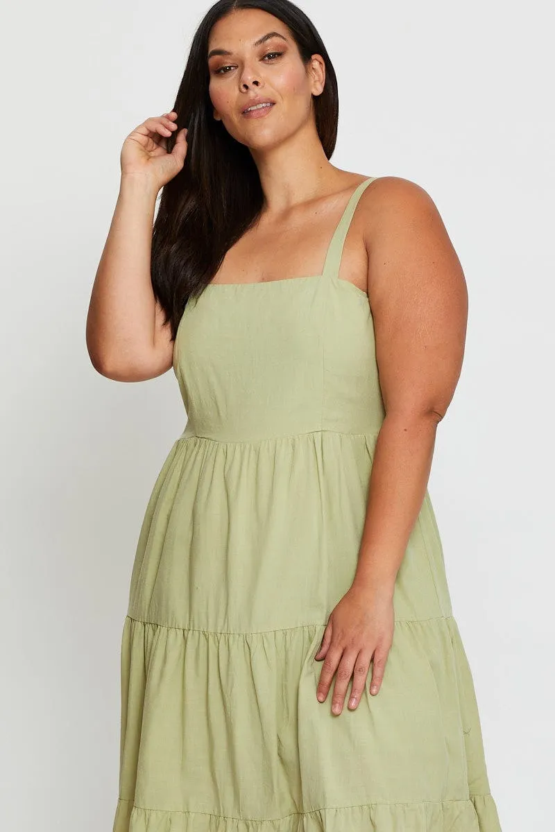 Minimal Cut Moment Light Green Midi Dress Square Neck Sleeveless