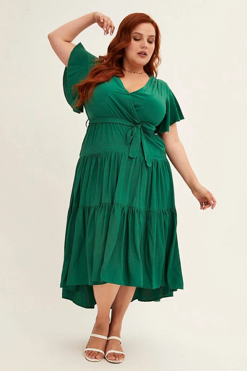 Modern Waistband Green Midi Dress V-neck Tie