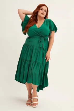 Playful Twist Work-to-Play Wear Green Midi Dress V-neck Tie