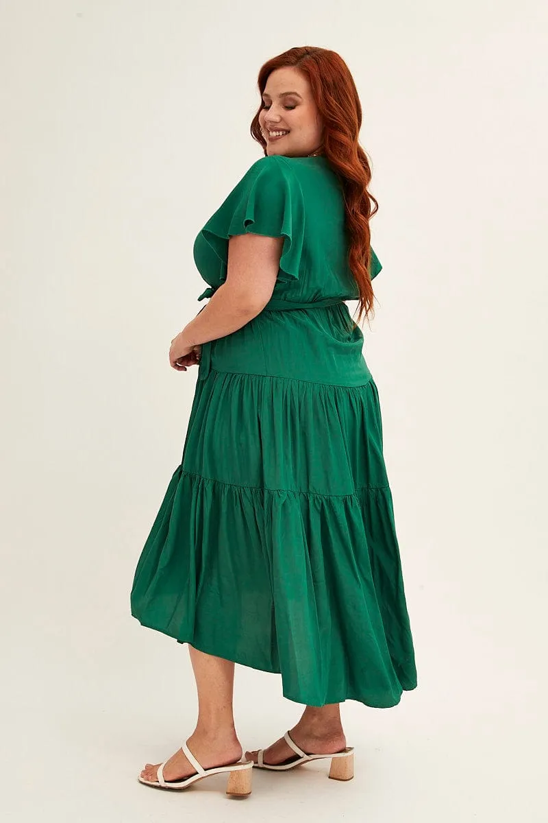 Minimalist Waistband Green Midi Dress V-neck Tie