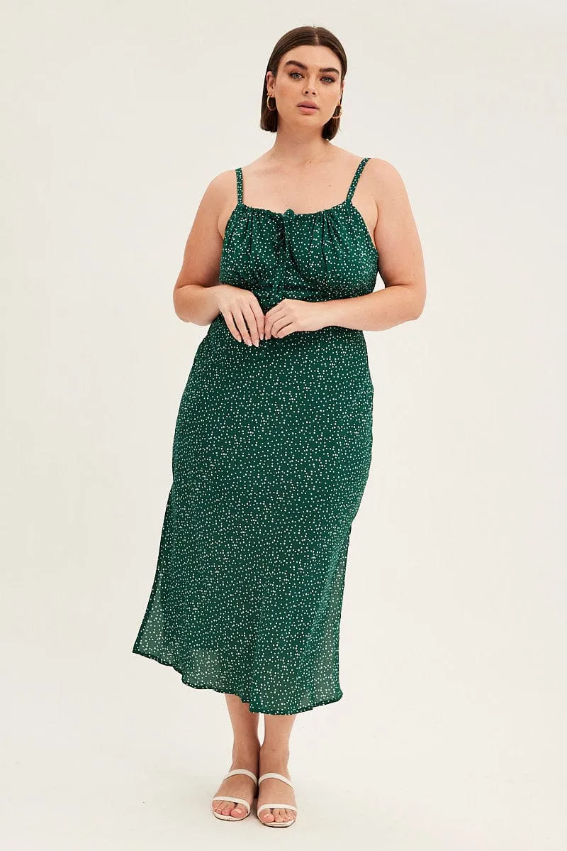 Stretch-Recovery Green Polka Dot Midi Dress Sleeveless Ruched Bust
