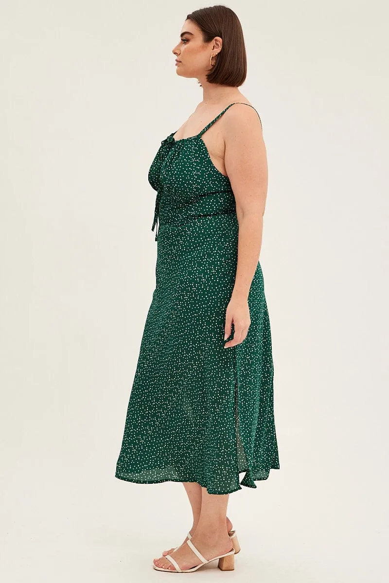 Petal Zone Casual-Look Green Polka Dot Midi Dress Sleeveless Ruched Bust
