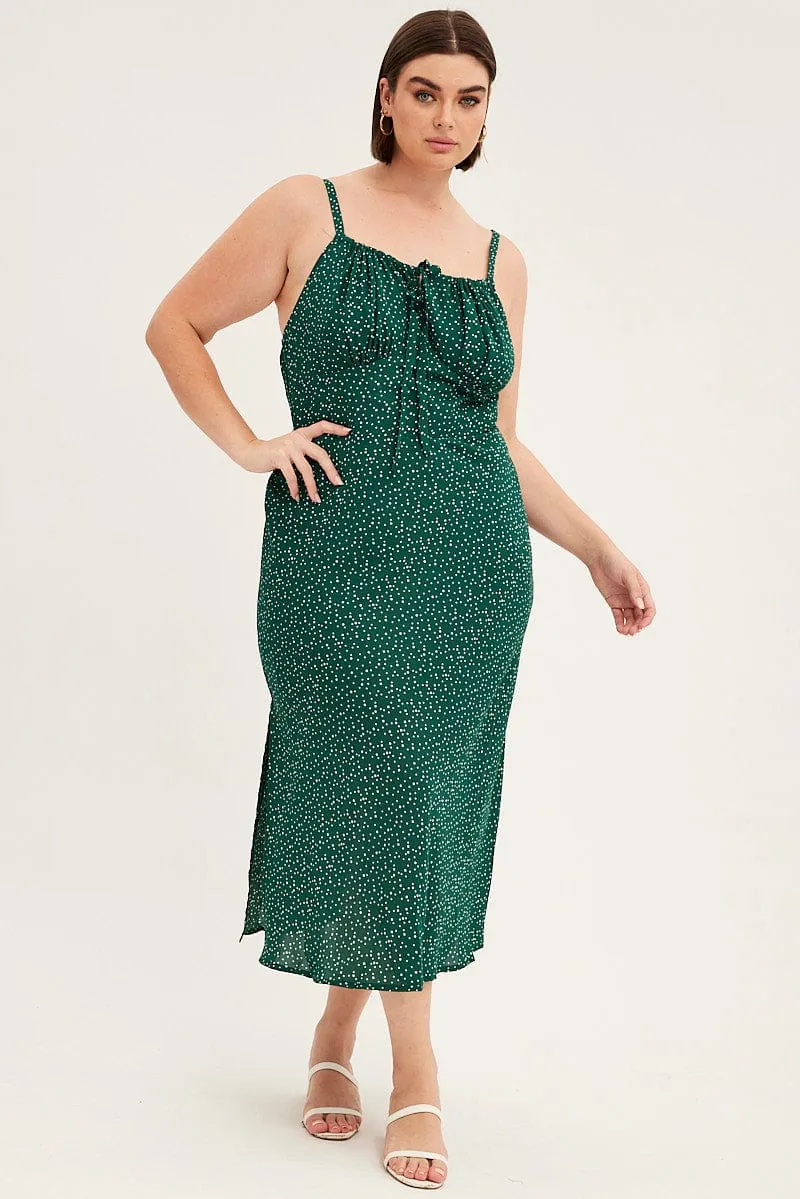 Stylish Pick Green Polka Dot Midi Dress Sleeveless Ruched Bust