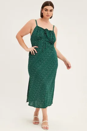 Stylish Pick Green Polka Dot Midi Dress Sleeveless Ruched Bust
