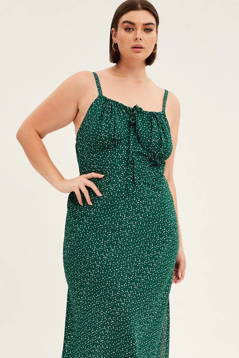 Easy Going Green Polka Dot Midi Dress Sleeveless Ruched Bust