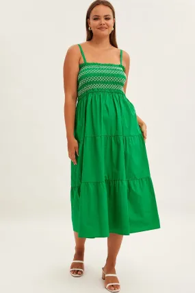 Green Strap Tiered Maxi Dress Smocked Stylish Look