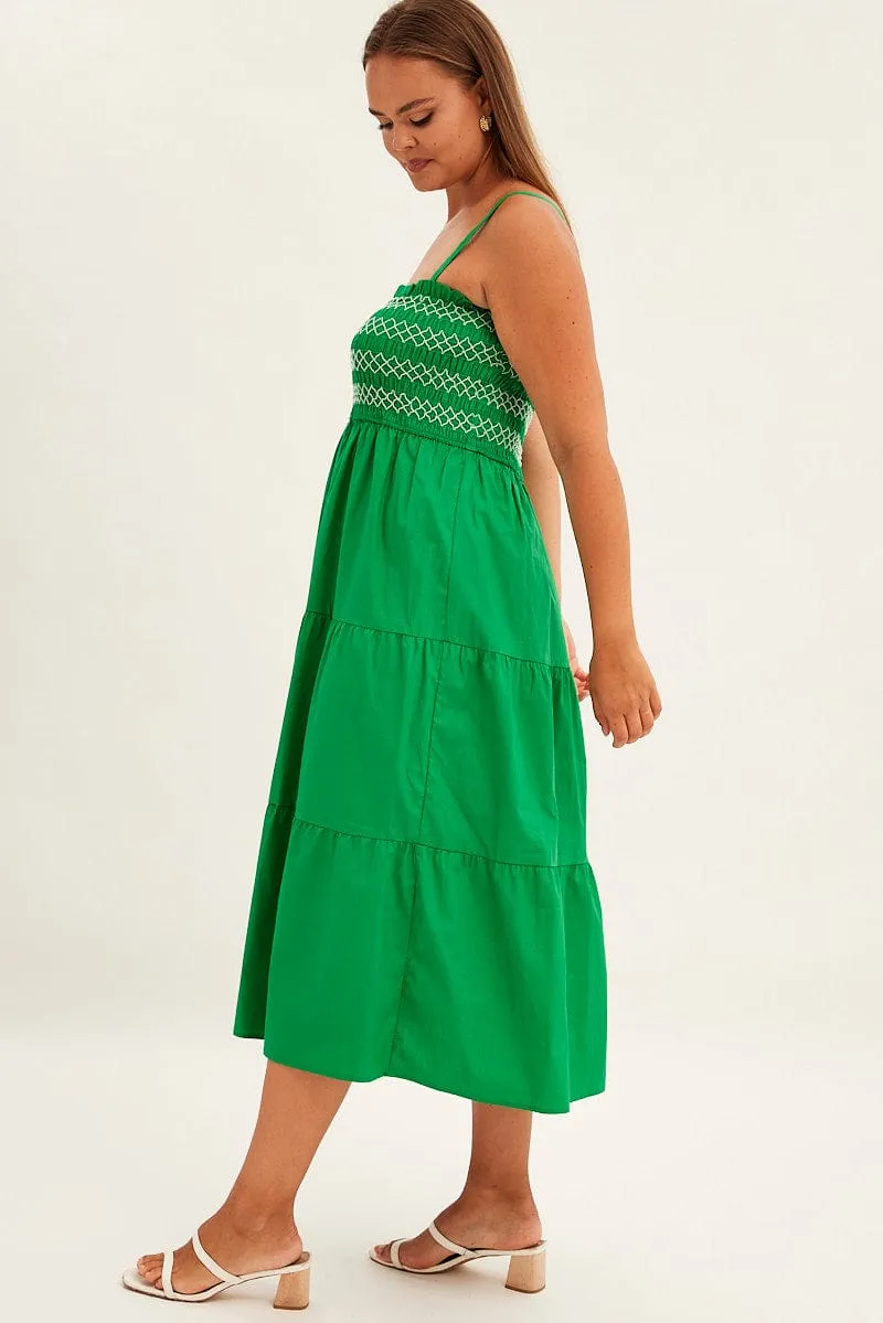 Smooth Tone Green Strap Tiered Maxi Dress Smocked