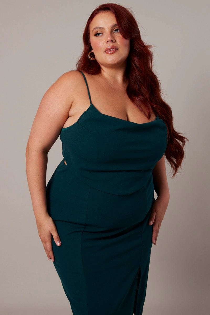 Practical-Style Grace Flow Green Cowl Bodycon Party Dress